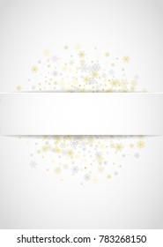 New Year snow on vertical white paper background. Gold glitter snowflakes. Christmas and New Year snow falling backdrop. For season sales, special offers, banner, cards, party invite, flyer.