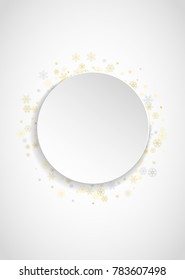 New Year snow on vertical white paper background. Gold glitter snowflakes. Christmas and New Year snow falling backdrop. For season sales, special offers, banner, cards, party invite, flyer.