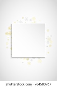 New Year snow on vertical white paper background. Gold glitter snowflakes. Christmas and New Year snow falling backdrop. For season sales, special offers, banner, cards, party invite, flyer.