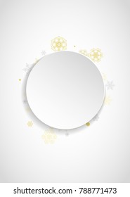 New Year snow on vertical white paper background. Gold glitter snowflakes. Christmas and New Year snow falling backdrop. For season sales, special offers, banner, cards, party invite, flyer.