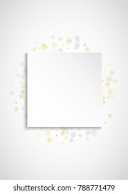 New Year snow on vertical white paper background. Gold glitter snowflakes. Christmas and New Year snow falling backdrop. For season sales, special offers, banner, cards, party invite, flyer.