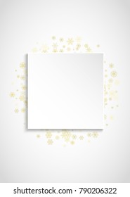 New Year snow on vertical white paper background. Gold glitter snowflakes. Christmas and New Year snow falling backdrop. For season sales, special offers, banner, cards, party invite, flyer.