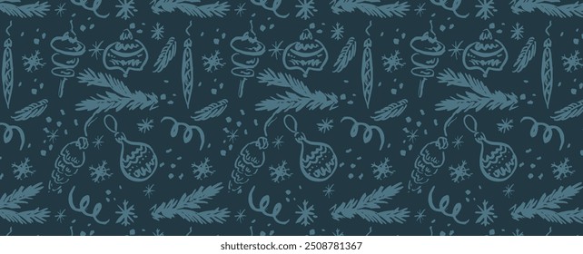 New Year, snow pattern with fir trees and Christmas tree toys. Vector winter holiday background. For cards, banners, wrapping paper.