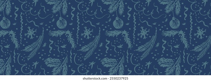 Año Nuevo, patrón de nieve con abetos y juguetes de árboles de Navidad. Fondo de vacaciones de invierno de Vector. Para tarjetas, Anuncios, papel de regalo.