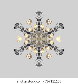 New year snowflake with copy space (place for your text). Nice abstract snowflakes vector design. Flat snow doodle icons, snow flakes silhouette in gray and yellow colors for christmas banner, cards.