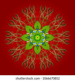New year snowflake. Cute abstract snowflakes vector design on red, green, brown, yellow and beige colors. Flat snow doodle icons, snow flakes silhouette for christmas banner, cards.