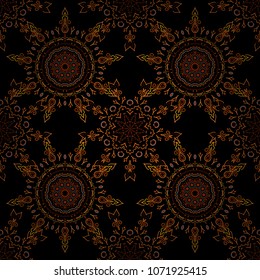 New year snowflake. Cute abstract seamless snowflakes vector design on black background. Flat snow doodle icons, snow flakes silhouette in orange and brown colors for christmas banner, cards.