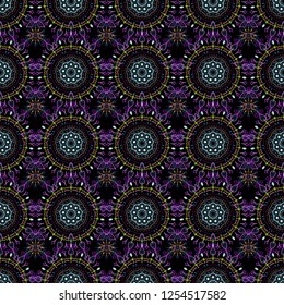 New year snowflake. Cute abstract seamless snowflakes vector design on black background. Flat snow doodle icons, snow flakes silhouette in purple, violet and blue colors for christmas banner, cards.
