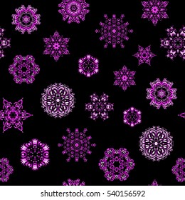 New year snowflake. Cute abstract seamless snowflakes vector design on black background. Flat snow doodle icons, snow flakes silhouette in purple, pink and magenta colors for christmas banner, cards.