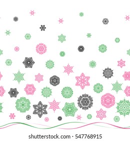 New year snowflake. Cute abstract seamless snowflakes vector design on white background. Flat snow doodle icons, snow flakes silhouette in pink, green and gray colors for christmas banner, cards.