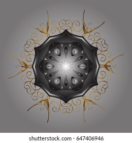 New year snowflake. Cute abstract doodles vector design on gray background. Flat snow doodle icons, golden silhouette in light colors for christmas banner, cards.