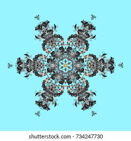 New year snowflake. Cute abstract snowflake vector design on blue, gray and brown colors. Flat snow doodle icons, snow flakes silhouette in blue, gray and brown colors for christmas banner, cards.