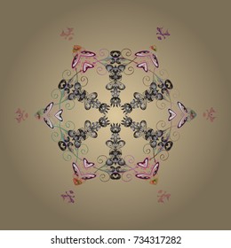 New year snowflake. Cute abstract snowflake vector design on beige, gray and pink colors. Flat snow doodle icons, snow flakes silhouette in beige, gray and pink colors for christmas banner, cards.
