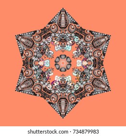 New year snowflake. Cute abstract snowflakes vector design on orange, gray and white colors. Flat snow doodle icons, snow flakes silhouette in orange, gray and white colors for christmas banner, cards