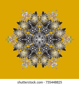 New year snowflake. Cute abstract snowflakes vector design on yellow, gray and neutral colors. Flat snow doodle icons, snow flakes silhouette in colors for christmas banner, cards.