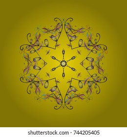 New year snowflake. Cute abstract snowflakes vector design on yellow, gray and green colors. Flat snow doodle icons, snow flakes silhouette in yellow, gray and green colors for christmas banner, cards