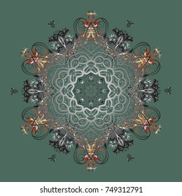 New year snowflake. Cute abstract snowflakes vector design on green, gray and brown colors. Flat snow doodle icons, snow flakes silhouette for christmas banner, cards.