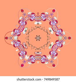New year snowflake. Cute abstract snowflakes vector design on orange, white and violet colors. Flat snow doodle icons, snow flakes silhouette for christmas banner, cards.