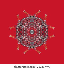 New year snowflake. Cute abstract snowflake vector design on red, gray and brown colors. Flat snow doodle icons, snow flakes silhouette for christmas banner, cards.