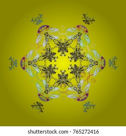 New year snowflake. Cute abstract snowflakes vector design on yellow, gray and neutral colors. Flat snow doodle icons, snow flakes silhouette for christmas banner, cards.