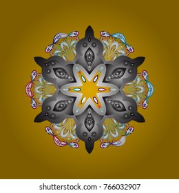 New year snowflake. Cute abstract snowflakes vector design on brown, white, gray and yellow colors. Flat snow doodle icons, snow flakes silhouette for christmas banner, cards.