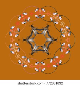 New year snowflake. Cute abstract snowflakes vector design on brown, orange, gray and white colors. Flat snow doodle icons, snow flakes silhouette for christmas banner, cards.