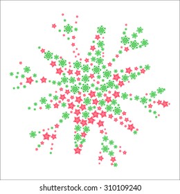 New Year snowflake filled by little colored stars and snowflakes over white