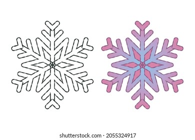 New Year snowflake icon set,  doodle sketch style design, hand drawn ink bold paintbrush strokes. Outline mode and colored blue lilac gradient. White background. Vector illustration