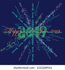 New Year snowflake from the inscription Happy New 2019 Year and Merry Christmas art typography