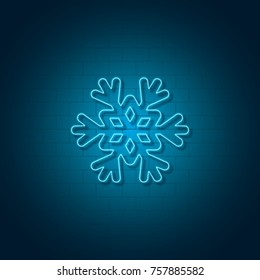 New year snowflake neon sign on brick wall. Holiday background. Vector illustration.