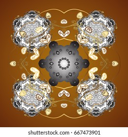 New year snowflake on brown background. Cute abstract seamless snowflakes vector pattern. Flat snow doodle icons, snow flakes silhouette for christmas banner, cards.
