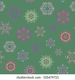 New year snowflake on green background. Cute abstract seamless snowflakes vector pattern. Flat snow doodle icons, snow flakes silhouette for christmas banner, cards.