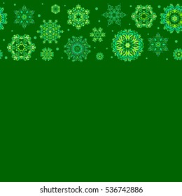 New year snowflake with place for your text on green background. Cute abstract seamless snowflakes vector pattern. Flat snow doodle icons, snow flakes silhouette for christmas banner, cards.