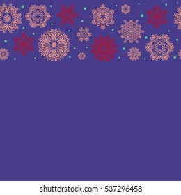 New year snowflake with place for your text on violet background. Cute abstract seamless snowflakes vector pattern. Flat snow doodle icons, snow flakes silhouette for christmas banner, cards.