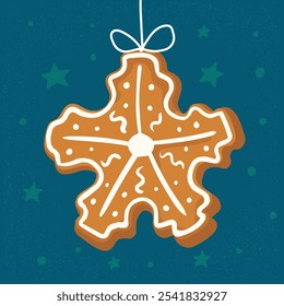 New Year snowflake shaped cookie hanging on string. Christmas tree decoration. Vector illustration