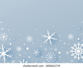 New Year' snowflakes border. Celebration party background. Christmas decoration with white paper cut snowflakes and falling snow. Winter Holiday greeting card. Luxury blue banner. Vector illustration.