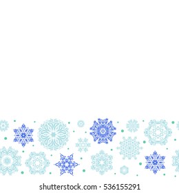 New year snowflakes with copy space. Cute abstract seamless snowflakes vector design on a white background. Flat snow doodle icons, snow flakes in blue and green colors for christmas banner, cards.