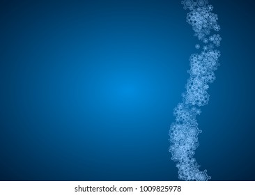 New Year snowflakes on blue background with sparkles. Horizontal Christmas and New Year snowflakes  falling. For season sales, special offer, banners, cards, party invites, flyer. White frosty snow