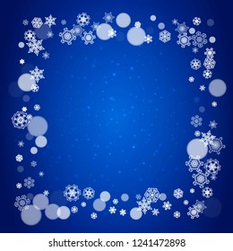 New Year snowflakes on blue background with sparkles. Winter theme. Christmas and New Year snowflakes falling. For season sales, special offer, banners, cards, party invites, flyers. White frosty snow