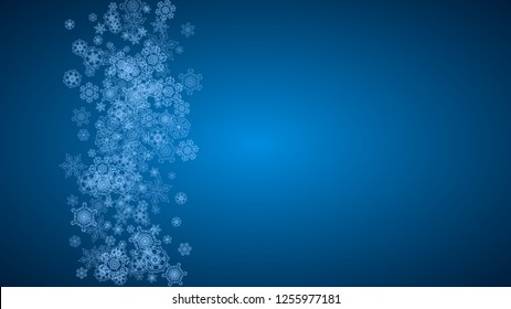 New Year snowflakes on blue background with sparkles. Horizontal Christmas and New Year snowflakes  falling. For season sales, special offer, banners, cards, party invites, flyer. White frosty snow