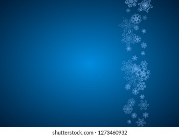 New Year snowflakes on blue background with sparkles. Horizontal Christmas and New Year snowflakes  falling. For season sales, special offer, banners, cards, party invites, flyer. White frosty snow