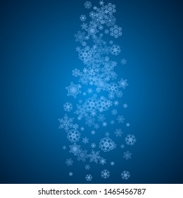 New Year snowflakes on blue background with sparkles. Winter theme. Christmas and New Year snowflakes falling. For season sales, special offer, banners, cards, party invites, flyer. White frosty snow