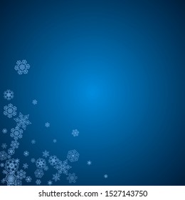 New Year snowflakes on blue background with sparkles. Winter theme. Christmas and New Year snowflakes falling. For season sales, special offer, banners, cards, party invites, flyer. White frosty snow