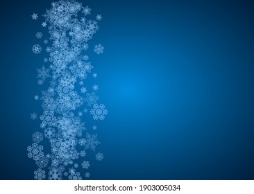 New Year snowflakes on blue background with sparkles. Horizontal Christmas and New Year snowflakes  falling. For season sales, special offer, banners, cards, party invites, flyer. White frosty snow