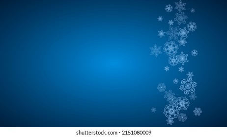 New Year snowflakes on blue background with sparkles. Horizontal Christmas and New Year snowflakes  falling. For season sales, special offer, banners, cards, party invites, flyer. White frosty snow