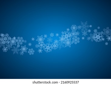 New Year snowflakes on blue background with sparkles. Horizontal Christmas and New Year snowflakes  falling. For season sales, special offer, banners, cards, party invites, flyer. White frosty snow