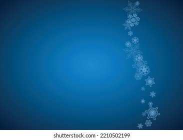 New Year snowflakes on blue background with sparkles. Horizontal Christmas and New Year snowflakes  falling. For season sales, special offer, banners, cards, party invites, flyer. White frosty snow