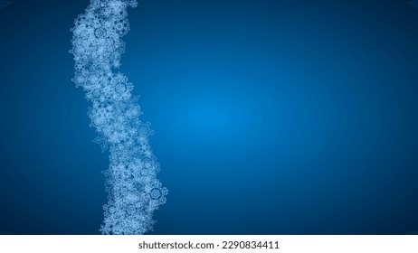 New Year snowflakes on blue background with sparkles. Horizontal Christmas and New Year snowflakes  falling. For season sales, special offer, banners, cards, party invites, flyer. White frosty snow