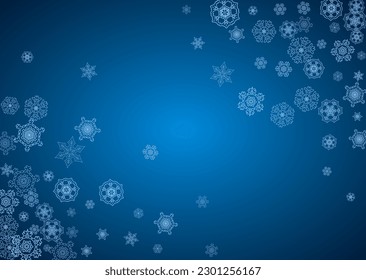 New Year snowflakes on blue background with sparkles. Horizontal Christmas and New Year snowflakes  falling. For season sales, special offer, banners, cards, party invites, flyer. White frosty snow