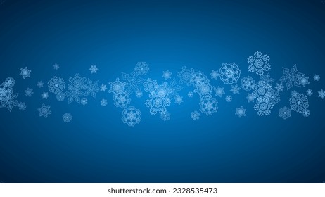 New Year snowflakes on blue background with sparkles. Horizontal Christmas and New Year snowflakes  falling. For season sales, special offer, banners, cards, party invites, flyer. White frosty snow